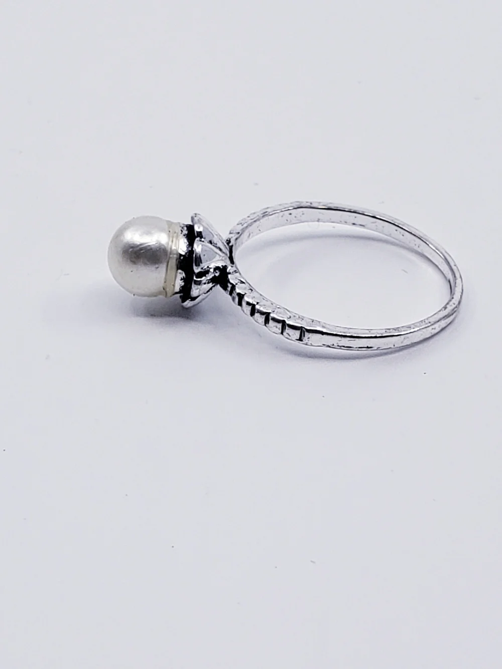 Classic (Daintier) White Pearl Ring with Beaded Silver Band Sz 7.25